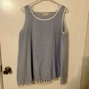 Striped Blue and White Sleeveless Tunic with Tassels
